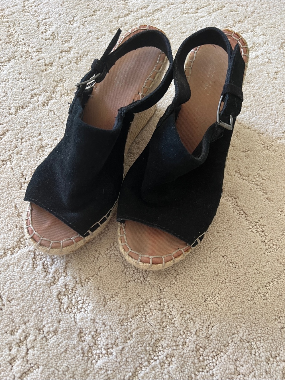 Toms Black Suede Open-Toe Espadrille Wedge Sandals